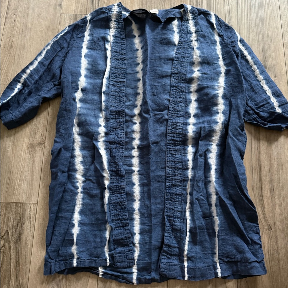 Chico’s 100% Linen Blue and White Tie-Dye Kimono Sz 12P